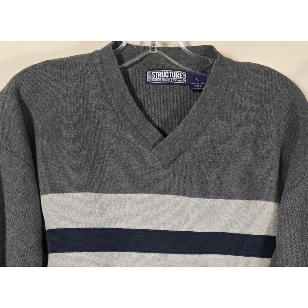 Structure Mens V Neck Sweater Dark Gray Light Gray Navy Stripe XL Cotton Y2K